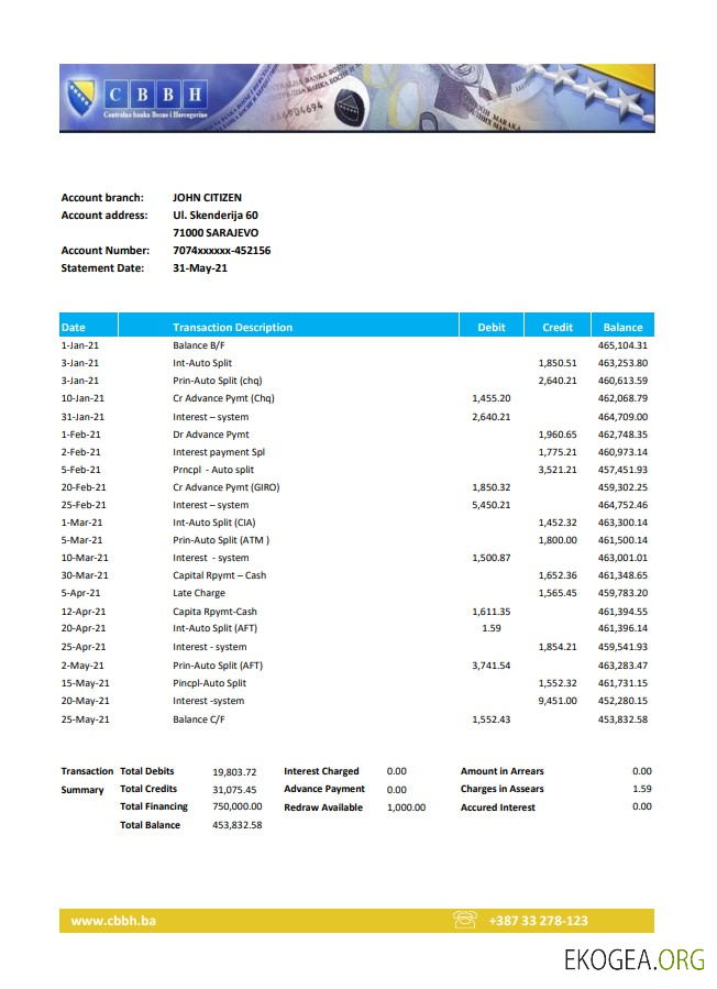 Relevé de la Banque centrale de Bosnie Herzégovine, modèle facile à remplir au format Excel et PDF (AutoSum)